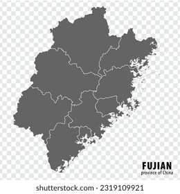 Blank map  Province Fujian of China. High quality map Fujian with municipalities on transparent background for your web site design, logo, app, UI. People's Republic of China.  EPS10.