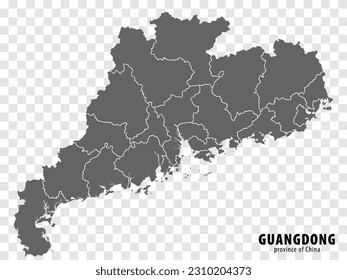 Blank map  Province Guangdong of China. High quality map Guangdong with municipalities on transparent background for your web site design, logo, app, UI. People's Republic of China.  EPS10.