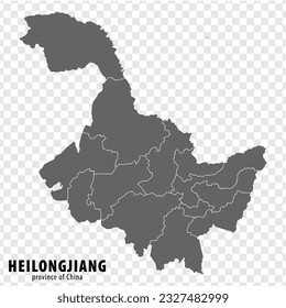 Blank map  Province Heilongjiang of China. High quality map Heilongjiang with municipalities on transparent background for your web site design, logo, app, UI. People's Republic of China.  EPS10.