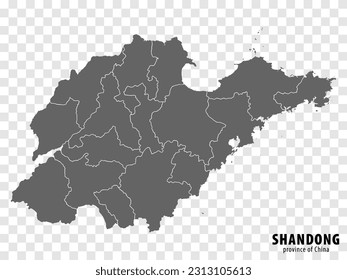 Blank map  Province Shandong of China. High quality map Shandong with municipalities on transparent background for your web site design, logo, app, UI. People's Republic of China.  EPS10.