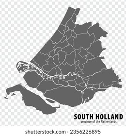 Blank map Province South Holland of Netherlands. High quality map South Holland with municipalities on transparent background for your web site design, logo, app, UI.  EPS10.