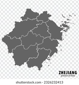 Blank map  Province Zhejiang of China. High quality map Zhejiang with municipalities on transparent background for your web site design, logo, app, UI. People's Republic of China.  EPS10.