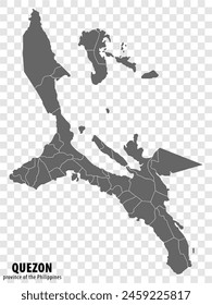 Mapa en blanco de Quezon de Filipinas. Mapa de alta calidad Provincia de Quezón con distritos en fondo transparente para su diseño de Sitio web, logotipo, App, UI. República de Filipinas.  EPS10.