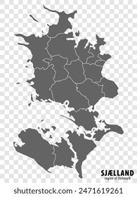 Blank map Region Zealand of Denmark. High quality map Region Zealand of Denmark with districts on transparent background for your web site design, logo, app, UI. Kingdom of Denmark. EPS10.