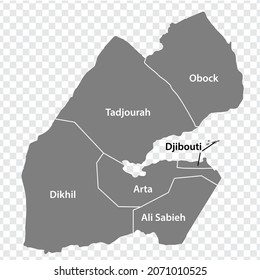 Mapa en blanco República de Yibuti en gris. Todos los mapas de las regiones tienen títulos. Mapa de alta calidad de Yibuti con provincias sobre fondo transparente para tu diseño.  África. EPS10.