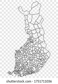 Blank map the Republic of Finland. Map of Finland municipalities. High detailed  vector map of Finland on transparent background for your design. Europe.  EPS10.