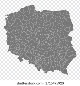 Blank map Republic of Poland. Districts of Poland map. High detailed vector map Poland on transparent background for your web site design, logo, app, UI. EPS10. 