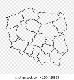 Blank map Republic of Poland. High quality map of  Poland with provinces on transparent background for your web site design, logo, app, UI. Stock vector.  EPS10. 