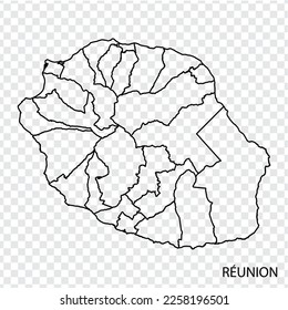 Blank map Reunion in gray.  High quality map of  Reunion  with districts on transparent background for your  design.  EPS10.