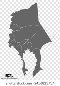 Blank map Rizal of Philippines. High quality map Province of Rizal with districts on transparent background for your web site design, logo, app, UI.  Republic of the Philippines.  EPS10.