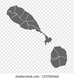 Blank map Saint Kitts and Nevis. High quality map Federation of Saint Kitts and Nevis with provinces on transparent background for your web site design, logo, app, UI.  Central America. EPS10.