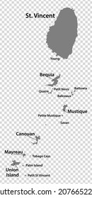 Blank map Saint Vincent and the Grenadines in gray. Every Island map is with titles. High quality map of  St. Vincent and the Grenadines  on transparent background for your  design.  Caribbean. EPS10.