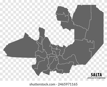 Blank map Salta  Province of Argentina. High quality map Province of Salta  with districts on transparent background for your web site design, logo, app, UI. Argentine Republic.  EPS10.