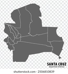 Mapa en blanco Departamento de Santa Cruz de Bolivia. Mapa de alta calidad Departamento de Santa Cruz con distritos sobre fondo transparente para su diseño, logotipo, App, UI. Estado Plurinacional de Bolivia EPS10.