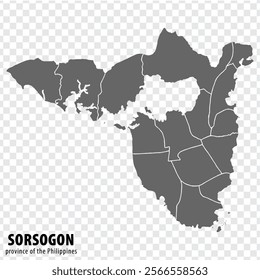 Blank map Sorsogon of Philippines. High quality map Province of Sorsogon with districts on transparent background for your web site design, logo, app, UI.  Republic of the Philippines.  EPS10.