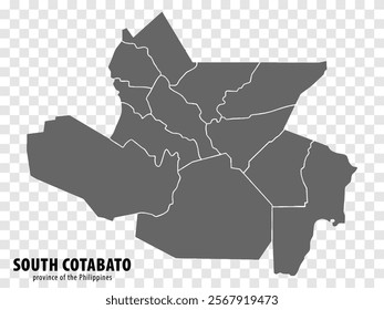 Blank map South Cotabato of Philippines. High quality map Province of South Cotabato with districts on transparent background for your web site design, logo, app, UI.  Philippines.  EPS10.