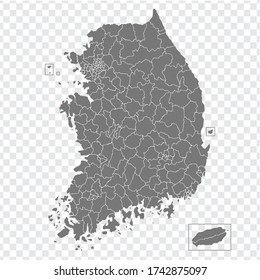 Blank map South Korea. High quality map of  South Korea with  the regions and districts on transparent background for your web site design, logo, app, UI. Stock vector. Vector illustration EPS10.