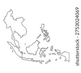 Blank map of Southeast Asia isolated on a white background. Editable strokes. Vector illustration
