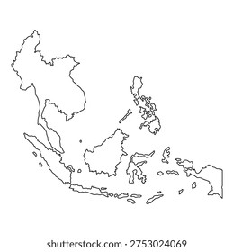 Blank map of Southeast Asia isolated on a white background. Editable strokes. Vector illustration