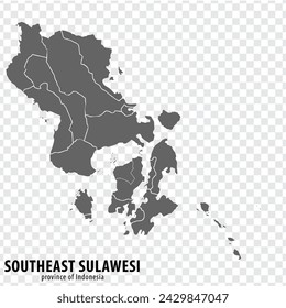 Blank map Southeast  Sulawesi province of Indonesia. High quality map Southeast Sulawesi with municipalities on transparent background for your web site design, logo, app, UI. Republic of Indonesia.  