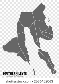 Blank map Southern Leyte Province of Philippines. High quality map Province of Southern Leyte with districts on transparent background for your web site design, logo, app, UI.  Philippines. EPS10.