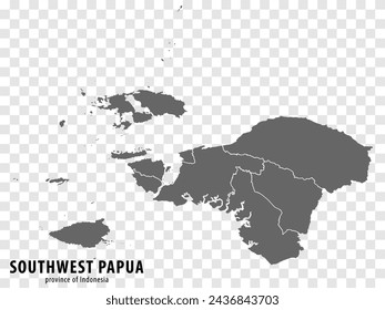 Blank map Southwest Papua province of Indonesia. High quality map Southwest Papua with municipalities on transparent background for your design. Republic of Indonesia.  EPS10.