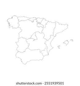 Mapa en blanco de España con división administrativa aislada sobre fondo blanco. Ilustración vectorial