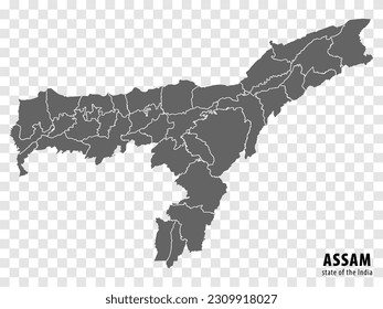 Blank map State Assam of India. High quality map Assam with municipalities on transparent background for your web site design, logo, app, UI. Republic of India.  EPS10.