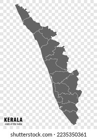 Blank map State  Kerala of India. High quality map Kerala with municipalities on transparent background for your web site design, logo, app, UI. Republic of India.  EPS10.