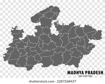 Mapa en blanco del estado Madhya Pradesh de la India. Mapa de alta calidad Madhya Pradesh con municipalidades sobre fondo transparente para el diseño de tu sitio web, logotipo, aplicación, interfaz de usuario. República de la India.  EPS10.