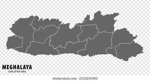 Blank map State  Meghalaya of India. High quality map Meghalaya with municipalities on transparent background for your web site design, logo, app, UI. Republic of India.  EPS10.