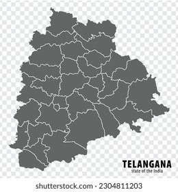 Blank map State  Telangana of India. High quality map Telangana with municipalities on transparent background for your web site design, logo, app, UI. Republic of India.  EPS10.