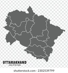 Mapa en blanco del estado Uttarakhand de la India. Mapa Uttarakhand de alta calidad con municipios sobre fondo transparente para el diseño de su sitio web, logotipo, aplicación, interfaz de usuario. República de la India.  EPS10.