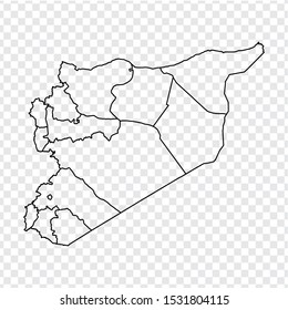 Mapa en blanco de la República Árabe Siria. Mapa de alta calidad de Siria con provincias sobre fondo transparente para el diseño de tu sitio web, logo, aplicación, UI. Vector de material. EPS10. 