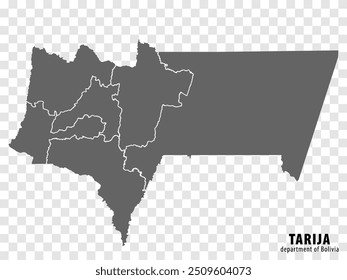 Mapa em branco do Departamento de Tarija da Bolívia. Mapa de alta qualidade Departamento de Tarija com distritos em fundo transparente para o seu design de site, logotipo, aplicativo, UI. Estado Plurinacional da Bolívia. EPS10