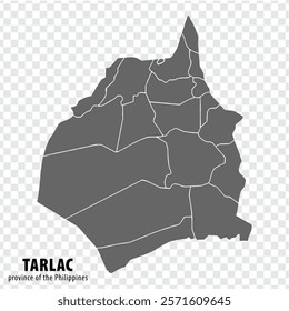 Blank map Tarlac of Philippines. High quality map Province of Tarlac with districts on transparent background for your web site design, logo, app, UI.  Republic of the Philippines.  EPS10.