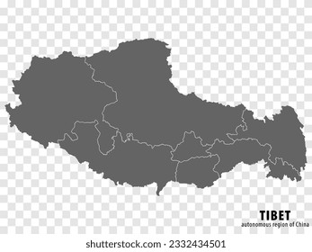 Blank map  Tibet Autonomous Region of China. High quality map Tibet  with municipalities on transparent background for your web site design, logo, app, UI. People's Republic of China. EPS10.