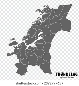 Mapa en blanco del condado de Trondelag de Noruega. Mapa de alta calidad del condado de Trondelag sobre fondo transparente para el diseño de su sitio web, logotipo, aplicación, interfaz de usuario.  Noruega.  EPS10.