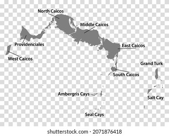 Blank map Turks and Caicos Islands  in gray. Every Island map is with titles. High quality map of  Turks and Caicos Islands with districts on transparent background for your  design.   EPS10.