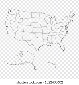 Blank map United States of America. High quality map of USA with federal states on transparent background for your web site design, logo, app, UI. Stock vector. Vector illustration EPS10. 