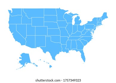 Blank map of United States of America divided into states. Simplified flat blue silhouette vector map on white background.