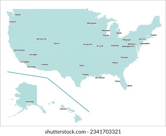 Blank map of the United States represented by dots, major cities listed in English, silhouette