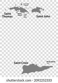 Blank map United States Virgin Islands in gray. Every Island map is with titles. High quality map of  Virgin Islands on transparent background for your  design.  Caribbean. EPS10.