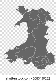 Blank map of Wales. High quality map with regions of Wales on transparent background for your web site design, app, UI. United Kingdom. EPS10.