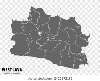 Blank map West Java province of Indonesia. High quality map West Java with municipalities on transparent background for your web site design, logo, app, UI. Republic of Indonesia.  EPS10.