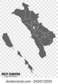 Blank map West  Sumatra province of Indonesia. High quality map West  Sumatra with municipalities on transparent background for your web site design, logo, app, UI. Republic of Indonesia.  EPS10.