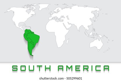 Blank map of the world with green highlighted continent of south america