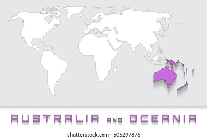 Blank map of the world with purple highlighted continent of australia and oceania