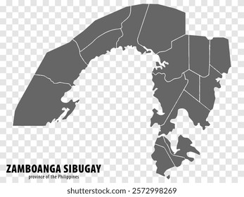 Blank map Zamboanga Sibugay of Philippines. High quality map Province of Zamboanga Sibugay with districts on transparent background for your web site design, logo, app, UI.  Philippines.  EPS10.