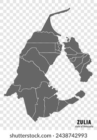 Mapa en blanco del Estado Zulia de Venezuela. Mapa de alta calidad del estado de Zulia con municipios en fondo transparente para su diseño. República Bolivariana de Venezuela.  EPS10.
